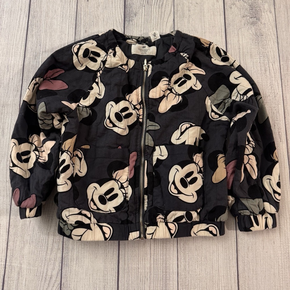 H&M Disney Minnie Mouse Quilted Jacket Kids Size 6-8Y Black Zip Puffer Coat